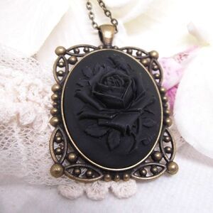 Christmas gothic Victorian Black Rose Cameo Bronze Necklace Antique